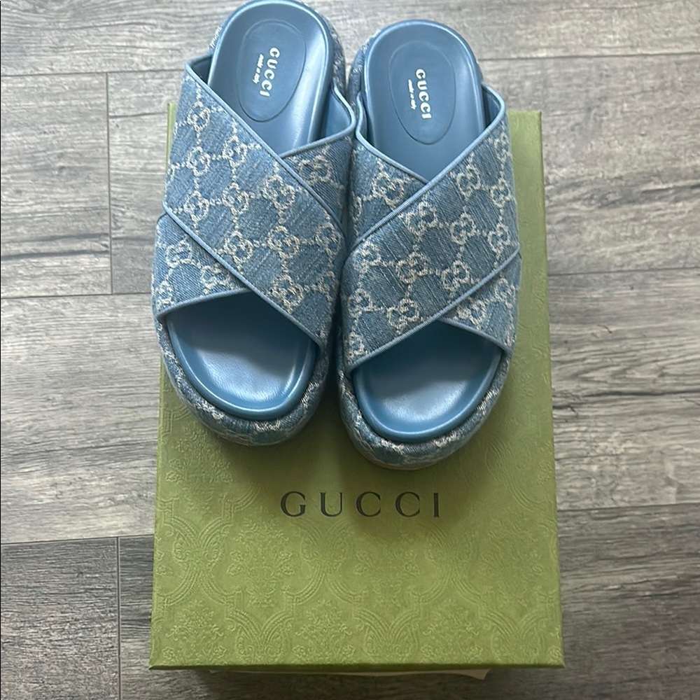 Gucci Blue Monogram Slide Sandals